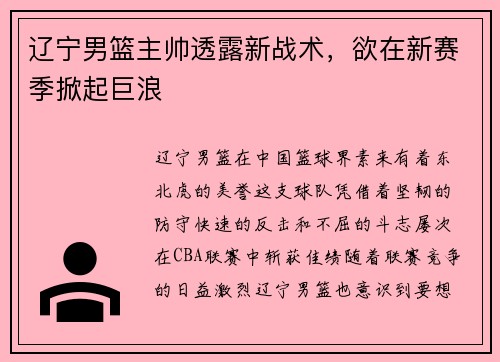 辽宁男篮主帅透露新战术，欲在新赛季掀起巨浪